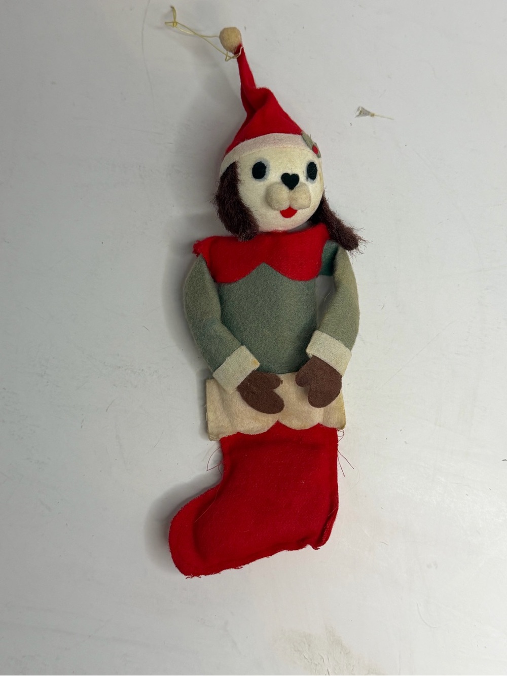 Kitsch 1950s 1960s Felt Flocked Dog Elf Stocking Ornament Made in Japan MCM